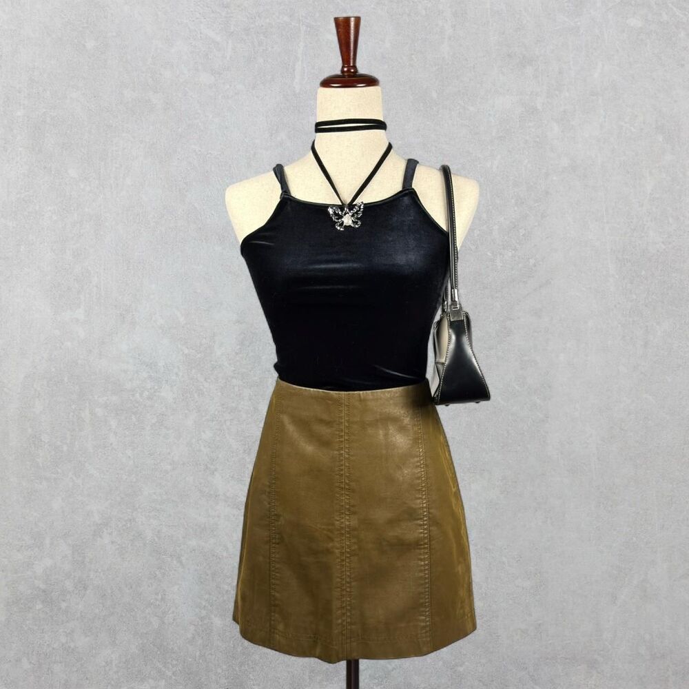 Free People Dark Khaki Neutral Faux Leather Miniskirt